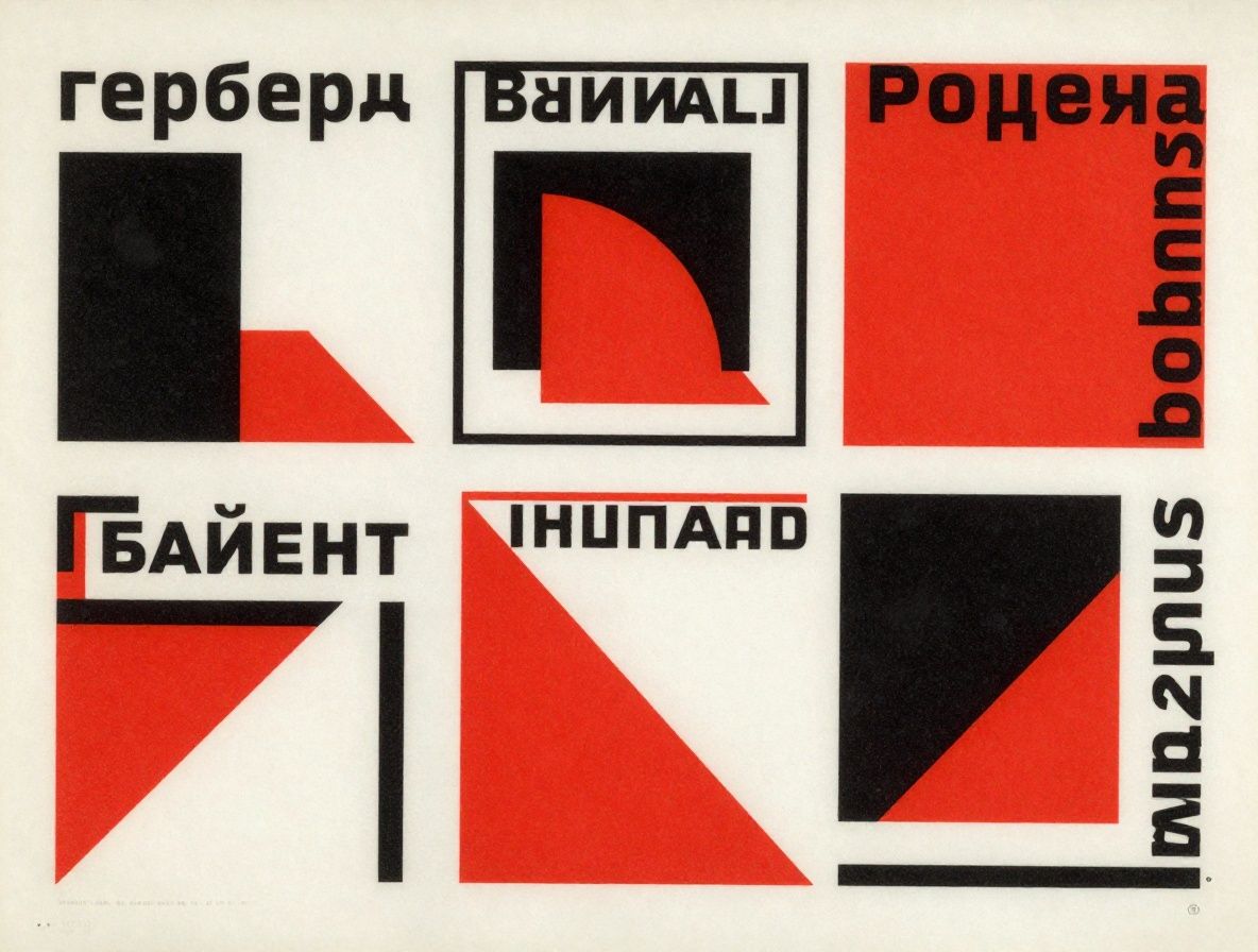 Репродукция типографических экспериментов Герберта Байера эпохи Баухауса, геометрические буквы и конструктивистские плакаты