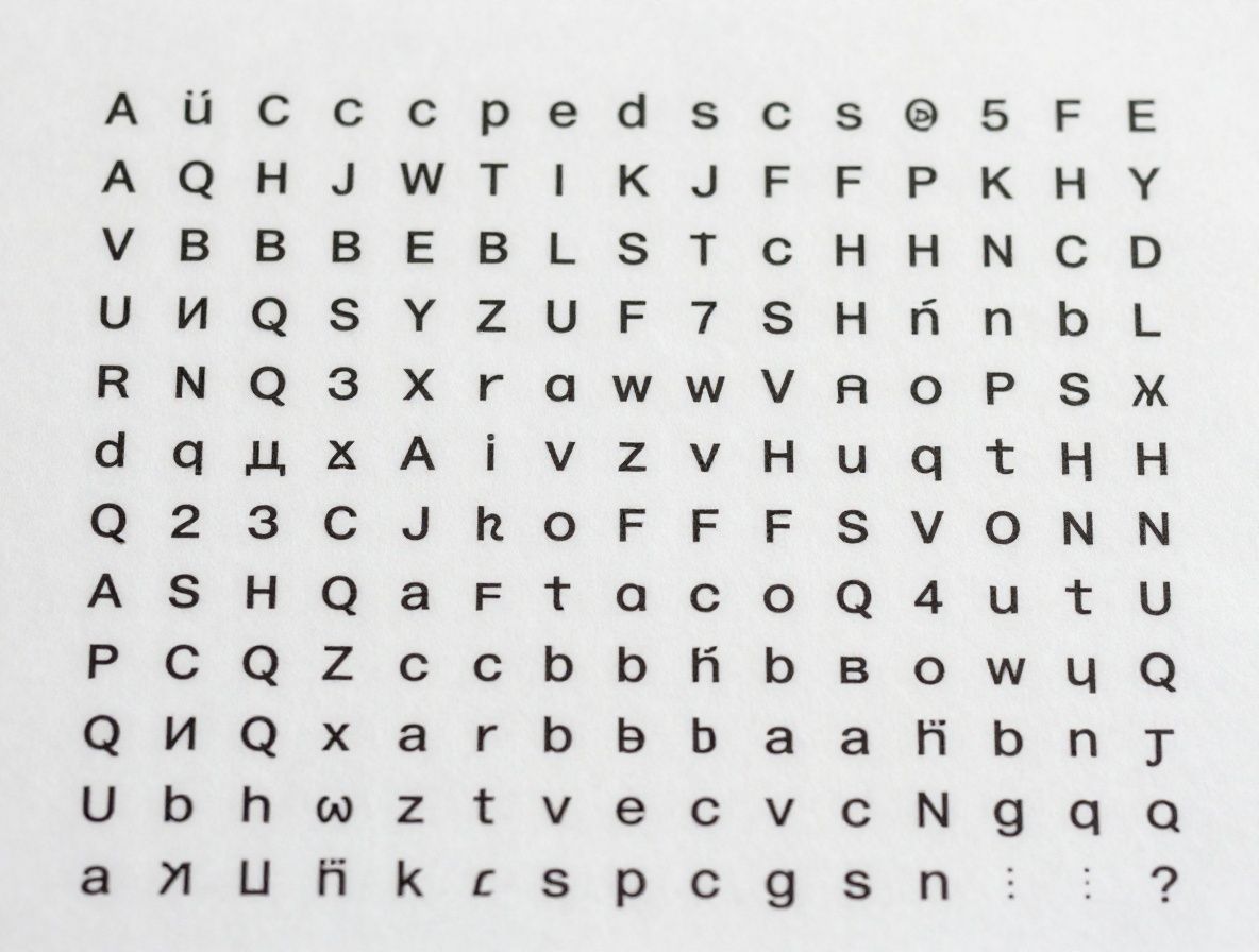 Типографический образец шрифта на разлинованной бумаге с примерами букв всех размеров и начертаний, чёрный текст